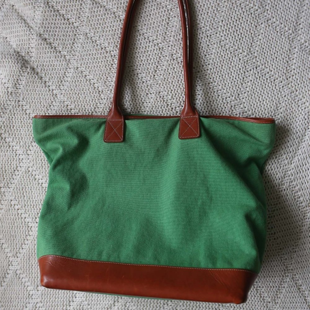 J. Crew Canvas LeatherTote Bag Green Brown EUC - Picture 3 of 11